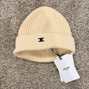 Celine Cream Ribbed Knit Beanie with Black Logo